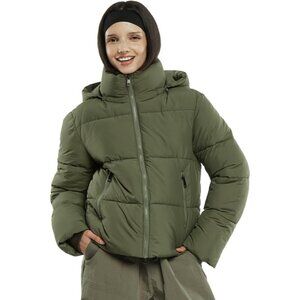 Women's Forest Green Charcoal Puffer Jackets Warm Winter Jacket With Removable H